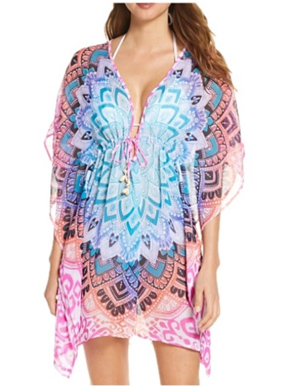 Bleu Rod Beattie Sheer Swim Cover Up Caftan Size Small Rainbow Patterned Boho